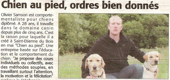 Article du Journal Courrier Vendéen du 26 Juin 2014 - Dresseur canin en Vendée - Chien au Pied